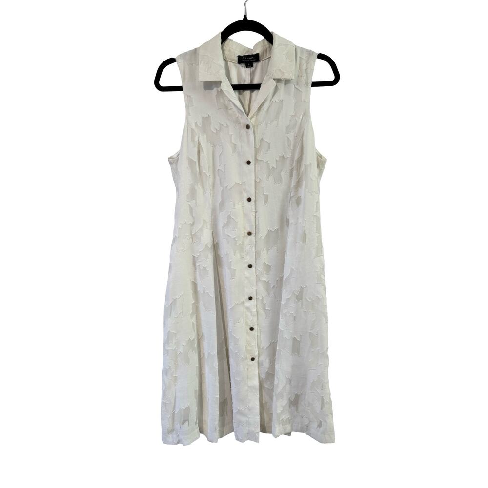 Tahari White Mesh Floral Applique Dress Size 8 Sleeveless Button Front